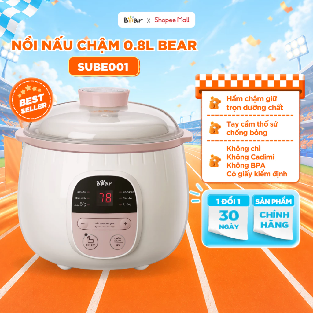[BEAR x KOL] Nồi Nấu Cháo Cho Bé BEAR 0.8L Nấu Chậm Cách Thuỷ Hầm Cháo Nhừ Chưng Yến Giữ Trọn Chất Dinh Dưỡng SUBE001