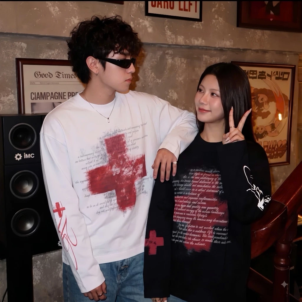Áo Thun Long-SLEEVE CROSSCHAMP Over Boxy , chất liệu nỉ da cá In Full Chame Thiết Kế Dài Tay Cho Nam Nữ - ÁO dấu cộng