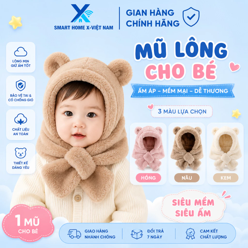 Mũ Len Lông Cừu Kèm Khăn Quàng Cổ Cho Bé Trai Bé Gái Smart HomeX Mềm Mại Giữ Ấm Mùa Lạnh