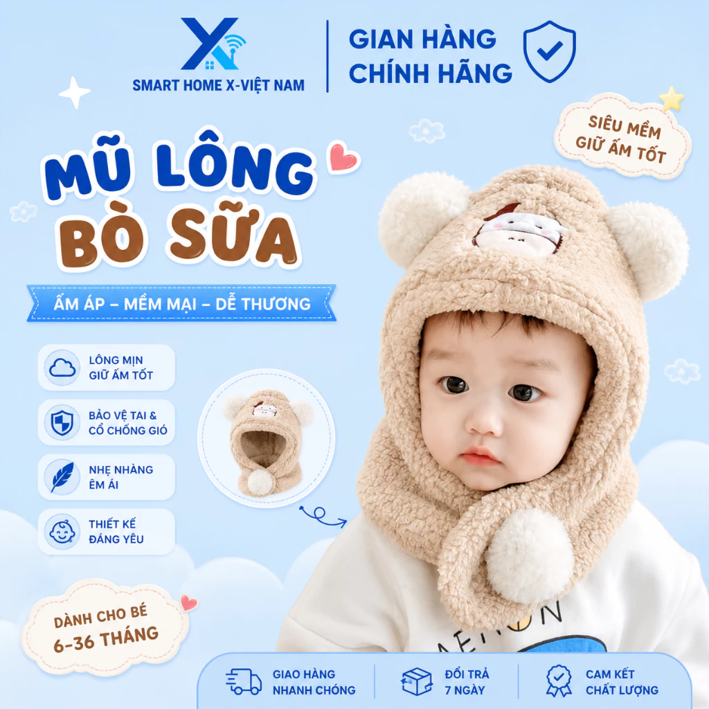 Mũ Len Lông Cừu Cho Bé Kèm Khăn Quàng Cổ Hình Bò Sữa Dễ Thương Giữ Ấm Mùa Đông Smart HomeX