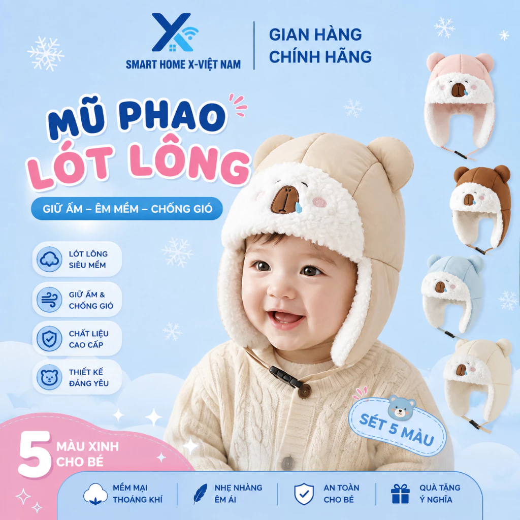 Mũ Len Mặt Gấu Cho Bé 2–12 Tháng Bịt Tai Có Dây Buộc Ôm Đầu Giữ Ấm Mùa Se Lạnh
