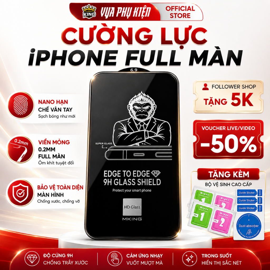 Kính cường lực iphone MKING bảo vệ Full Màn 7plus/8/8plus/x/xs/xs max/12…