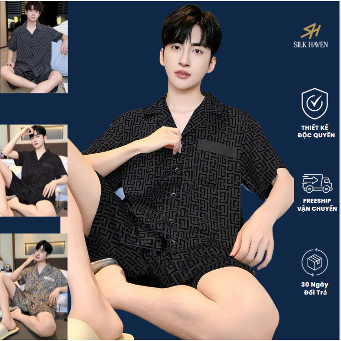 Bộ pyjama lụa MỸ tay ngắn cho nam -Set Bộ mặc nhà quần ngắn cộc tay - Kiểu dáng hiện Đại