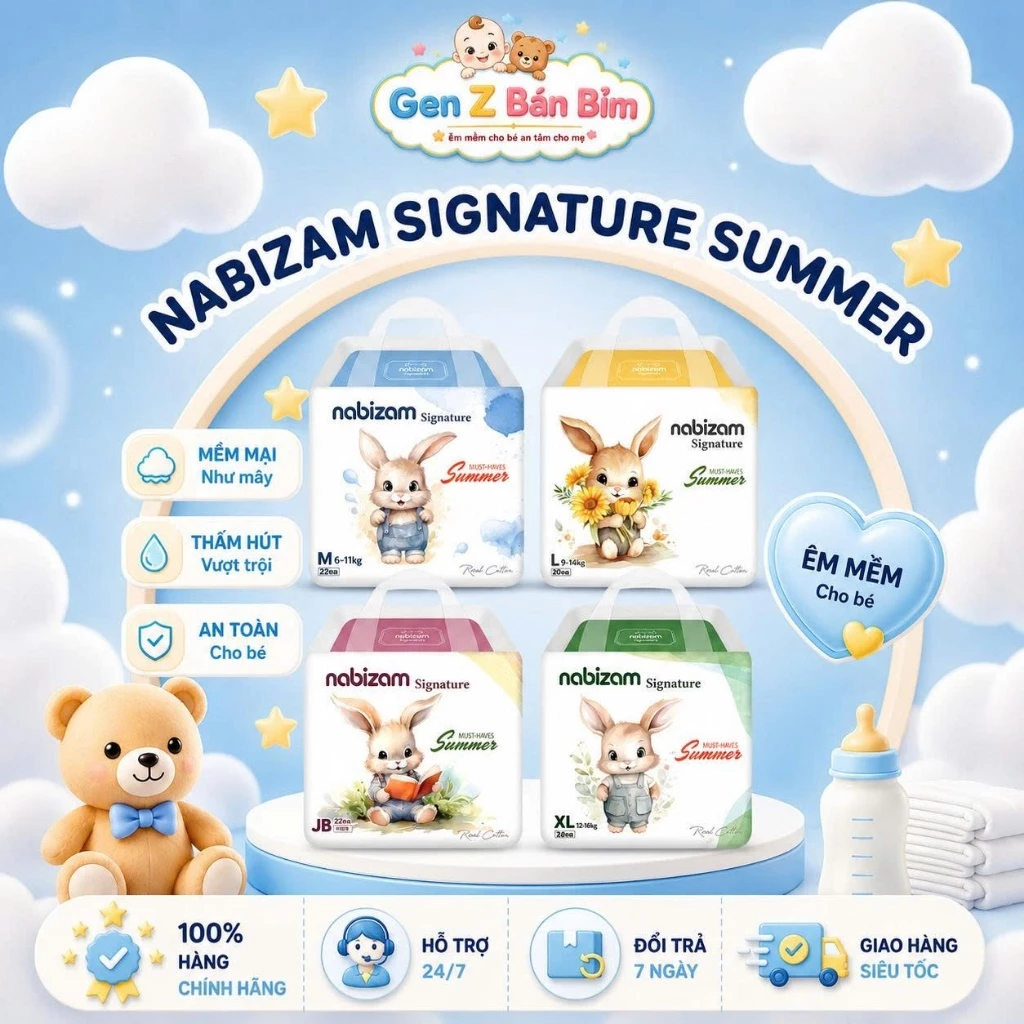 [MUA] Bỉm đêm NABIZAM SIGNATURE SUMMER Hàn Quốc siêu thấm, mềm mại, thoáng khí cho bé 4-24kg