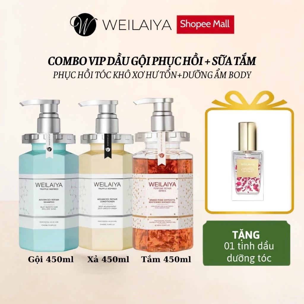 Dầu gội phục hồi tóc nấm truffle + Sữa tắm hoa hồng Weilaiya. TẶNG TINH DẦU TÓC