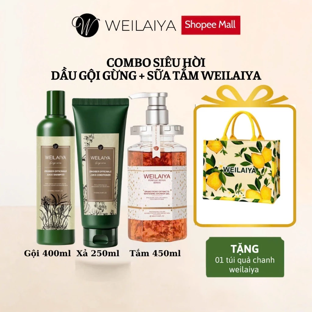 Combo Dầu gội gừng ngăn rụng tóc + Sữa tắm hoa hồng Weilaiya
