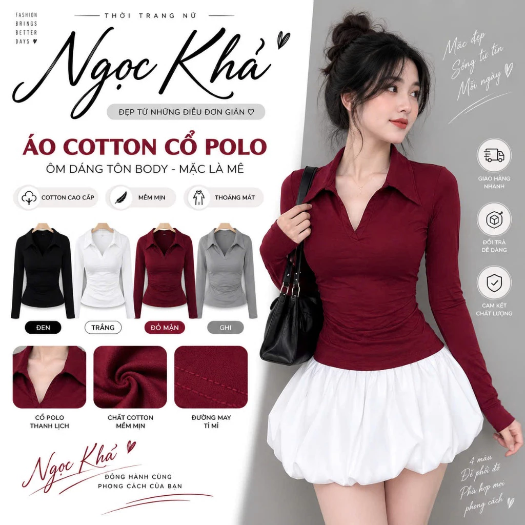 Áo Polo Nữ Dài Tay Ôm Body Chất Cotton Mềm Mịn – Form Tôn Dáng, Phong Cách Thanh Lịch A50