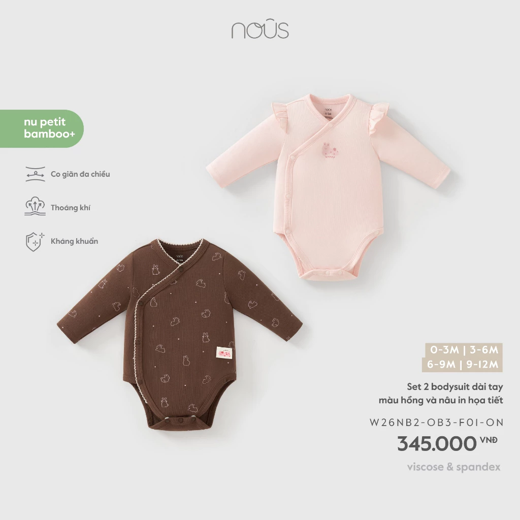 Nous Baby Set 2 bodysuit dài tay, body chip in họa tiết cài lệch 2 lớp giữ ấm phần bụng co giãn bé dưới 10.5kg BST T9