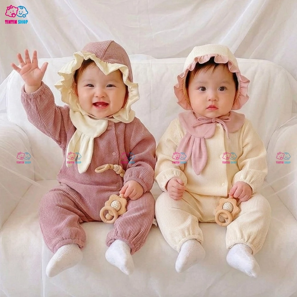 [Tặng mũ] Bodysuit cho bé Body dài tay bé gái áo liền quần trẻ sơ sinh CỔ SEN TAI THỎ SLT121