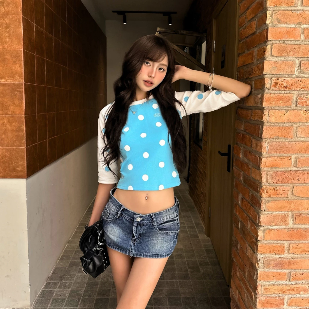 Áo Raglan Tay Lửng GUPO Milky Dot Form Ôm Vừa Thun Cotton Borip Co Giãn Chấm Bi Phối Màu - ATL01