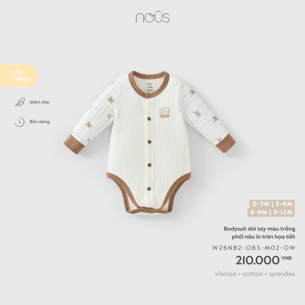 Nous Baby Bodysuit cài thẳng, body chip, bộ liền dài tay cúc bấm tiện lợi in họa tiết co giãn mềm nhẹ cho bé dưới 10.5kg