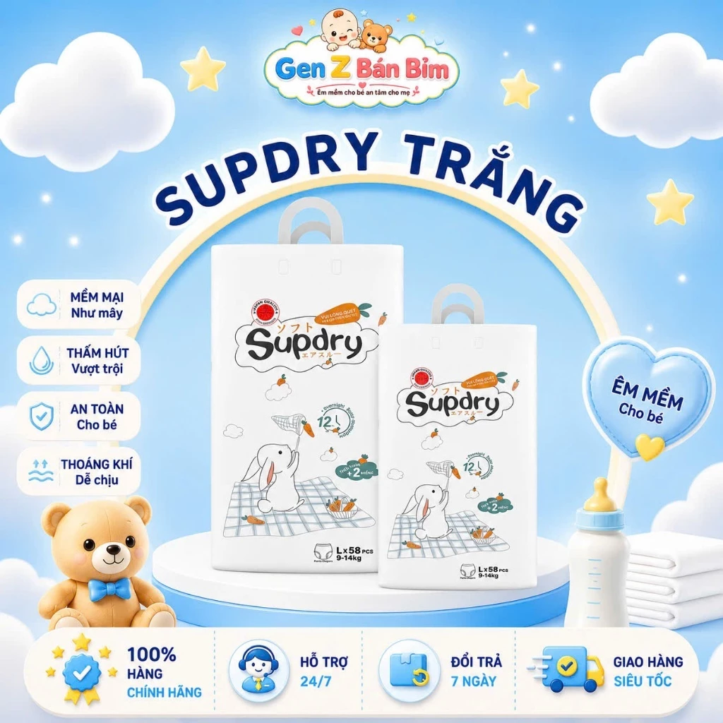 [ ĐỘC QUYỀN] Tã/Bỉm SUPDRY Trắng Siêu Thấm Hút, Mềm Mại Và An Toàn Cho Bé từ 4-20kg