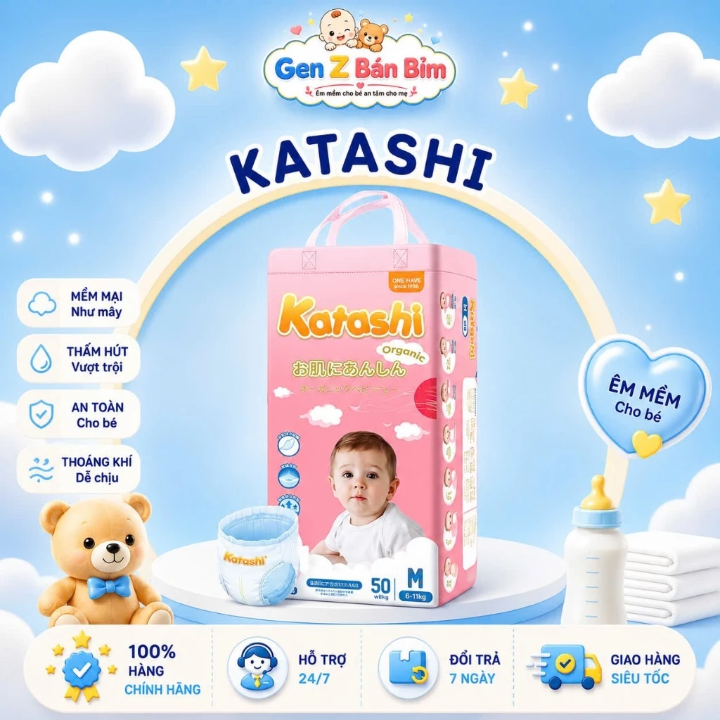 [MUA] Tã/Bỉm KATASHI Nhật Bản Thấm Hút Tốt, Mỏng Nhẹ, Thoáng Khí cho bé size từ M-6XL
