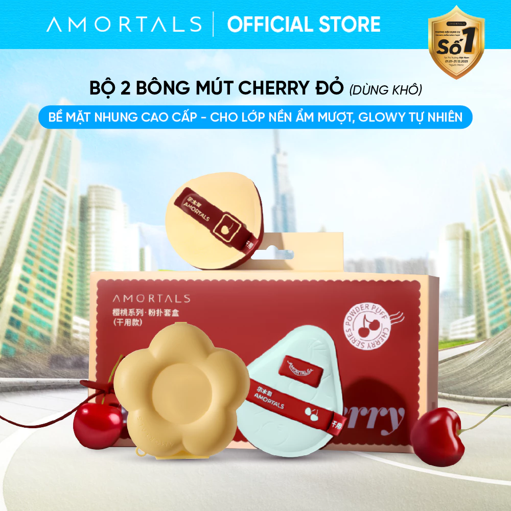 Bông Mút Trang Điểm Amortals Cherry Series – Bề Mặt Nhung Mịn, Đàn Hồi, Tán Nền Nhanh, Không Hút Kem, Kèm Hộp Hoa
