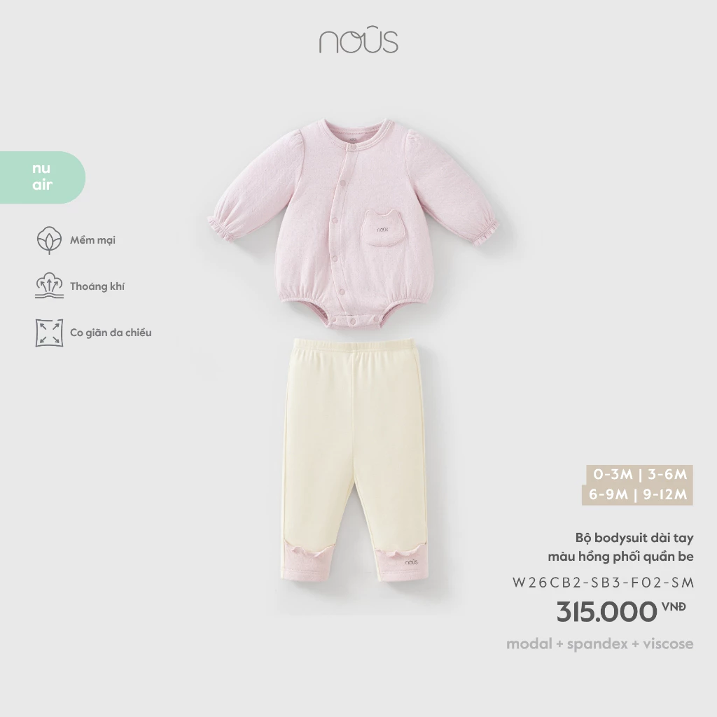 Nous Baby Bộ bodysuit dài, body chip dáng bí kèm quần phối màu pastel mềm thoáng co giãn cho bé dưới 10.5kg BST T9