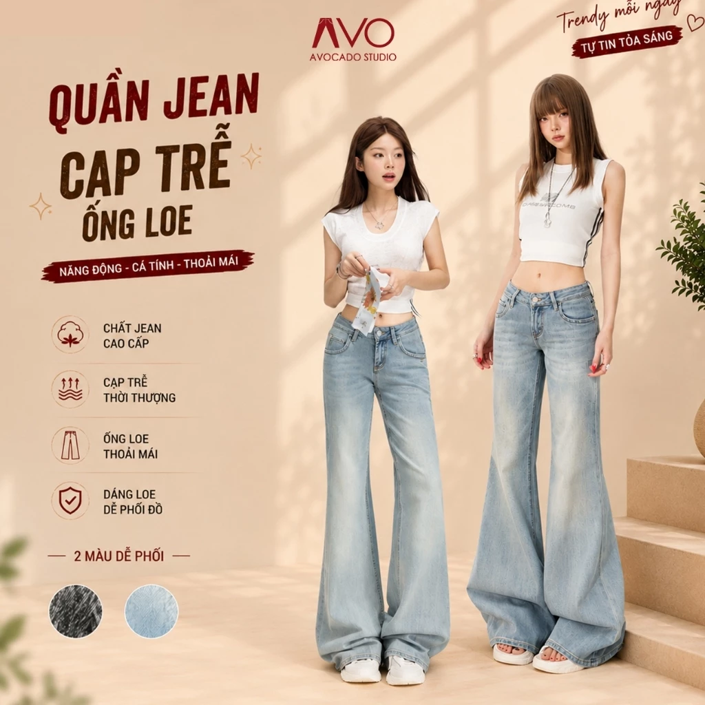Quần Jeans Nữ Ống Loe Siêu Rộng Cạp trễ thấp Avo Avocado Cotton Chất Vải Mềm Không Co Giãn Dáng Rông Không Ôm