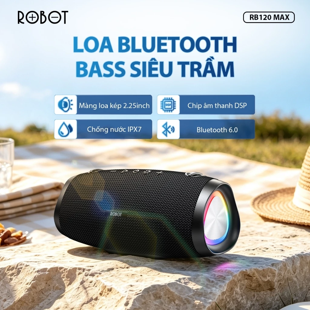 Loa Bluetooth ROBOT RB120 MAX 30W Pin 5000mAh Chống Nước IPX7 - Đi Dã Ngoại Du Lịch Picnic