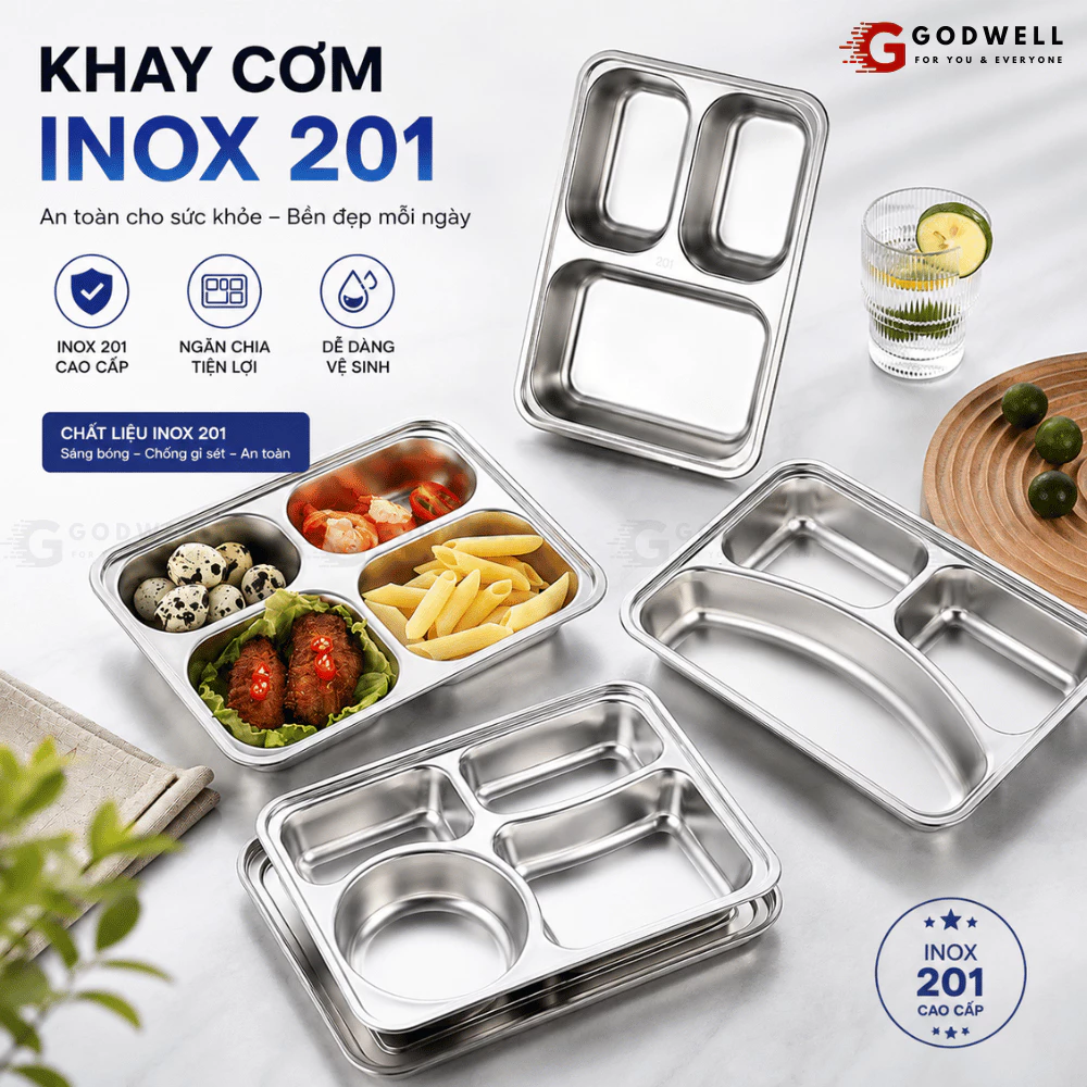 Khay inox 201 chia ngăn tiện lợi cho bé ăn dặm, cho căn tin nhà hàng bếp ăn