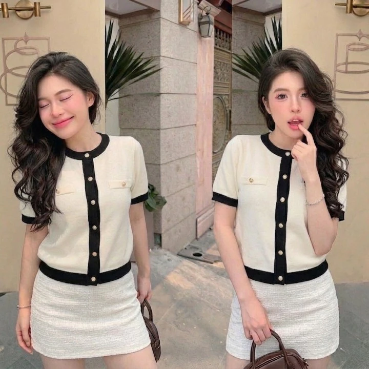 Áo Len Nữ Ngắn Tay Chất Len Dệt Kim L03 Phối Viền Tinh Tế Kết Hợp Cùng Khuy Kim Loại Sáng Nổi Bật