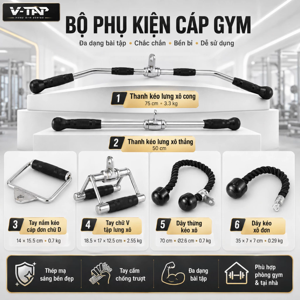 Tay cầm kéo cáp tập gym, Dây thừng kéo xô hàng nhập khẩu V-TAP
