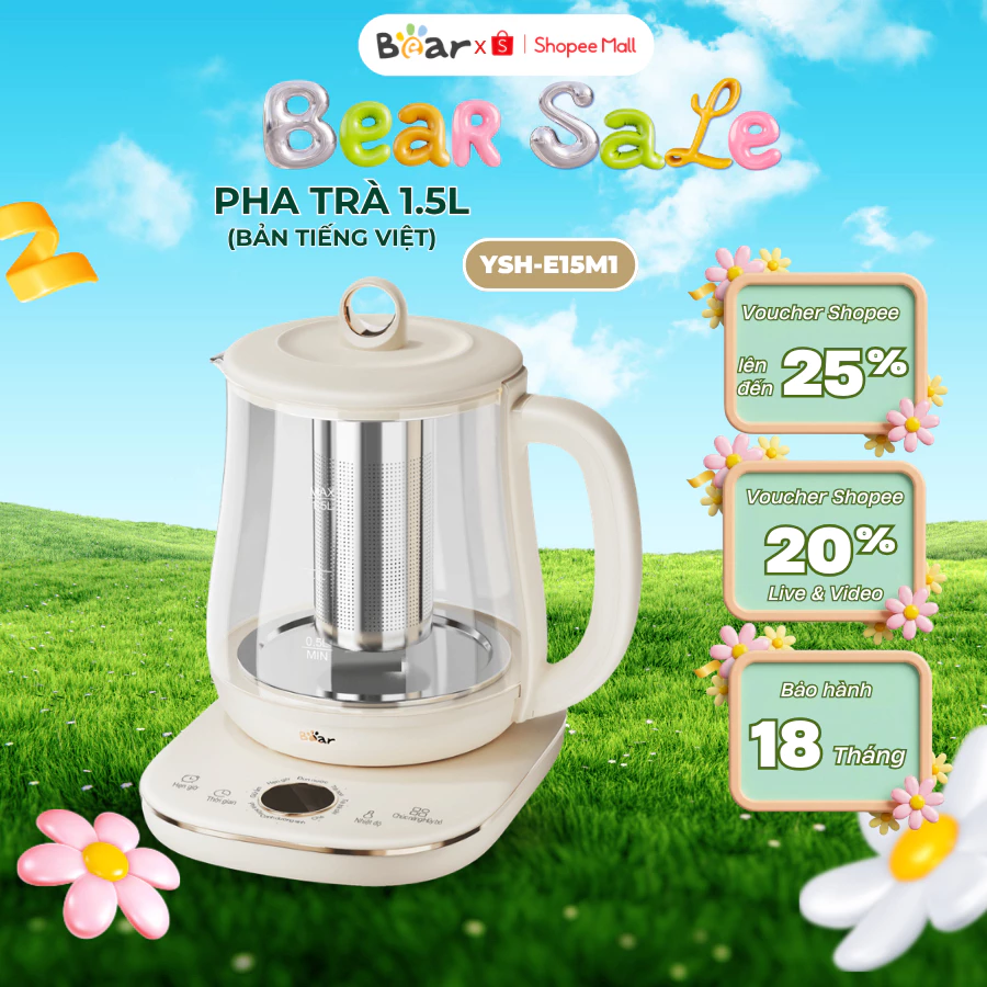 Ấm pha trà mini 1.5L đa năng Bear YSH-E15M1, CS 800W, nấu chè, đun nước, Kèm Lõi Lọc, BH 18 Tháng