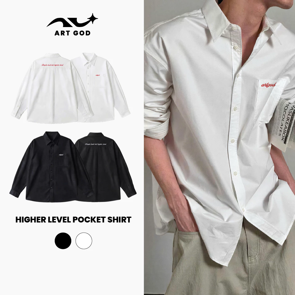 Áo Sơ Mi Kaki 2 Da Thêu Chữ HIGHER LEVEL Túi Hộp Dài Tay Streetwear Unisex ARTGOD HMA132