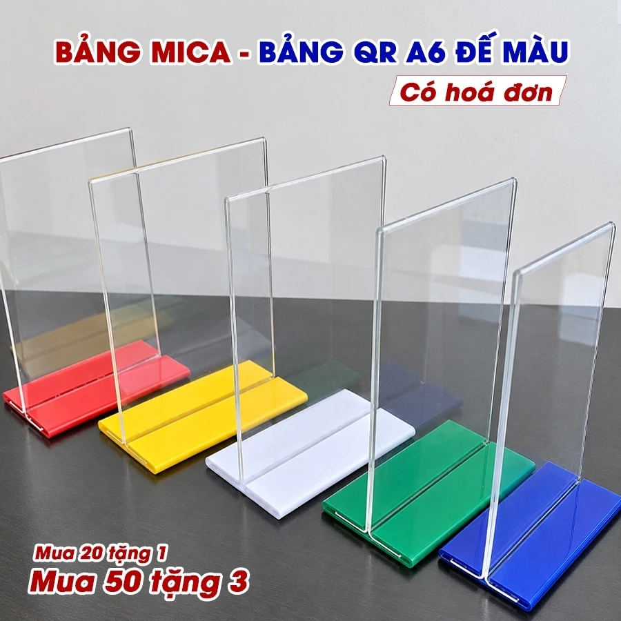 (Có hoá đơn VAT) Mã QR chuyển khoản, Bảng mica để bàn A6 đế nhiều màu - Mua 50 tặng 3 cái