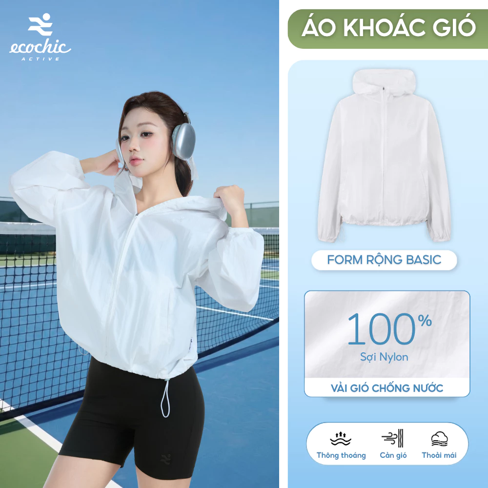 Áo Khoác Gió ECOCHIC ACTIVE ECC011 Siêu Mỏng Nhẹ Có Mũ Bo Chun Dây Rút Cản Gió Chất Liệu Cao Cấp Chính Hãng
