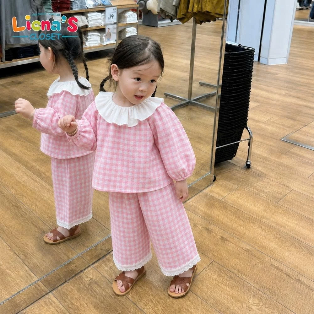 Bộ Đồ Bé Gái Dài Tay Cổ Nhún Bèo, Set Áo Quần Ống Rộng Phối Ren Phong Cách Tiểu Thư