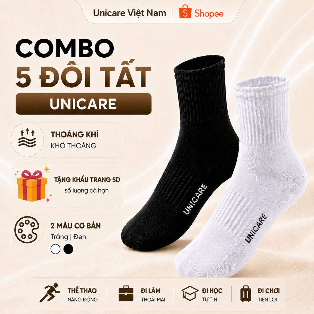Combo 5 Đôi Tất Vớ Cổ Trung Unicare Nam Nữ, Vớ Trơn Unisex Dày Dặn, Thoáng Khí, Khử Mùi Hiệu Quả