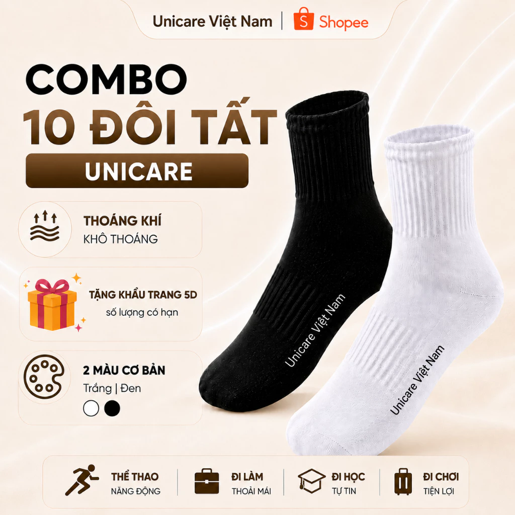 [Combo 10 Đôi] Tất Vớ Cổ Cao Unicare, Tất Nam Nữ Trơn Unisex Dày Dặn, Êm Ái Và Thoáng Khí