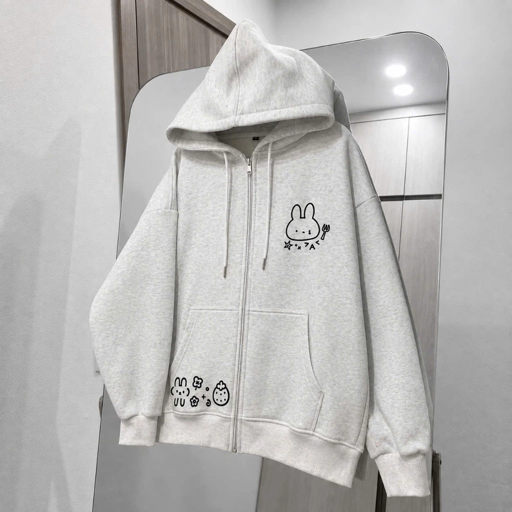 Áo Khoác Nỉ Hoodie Zip Khóa Kéo THỎ DÂU Có Túi Trong Form Rộng Nam Nữ Chất Nỉ Bông Dày Dặn