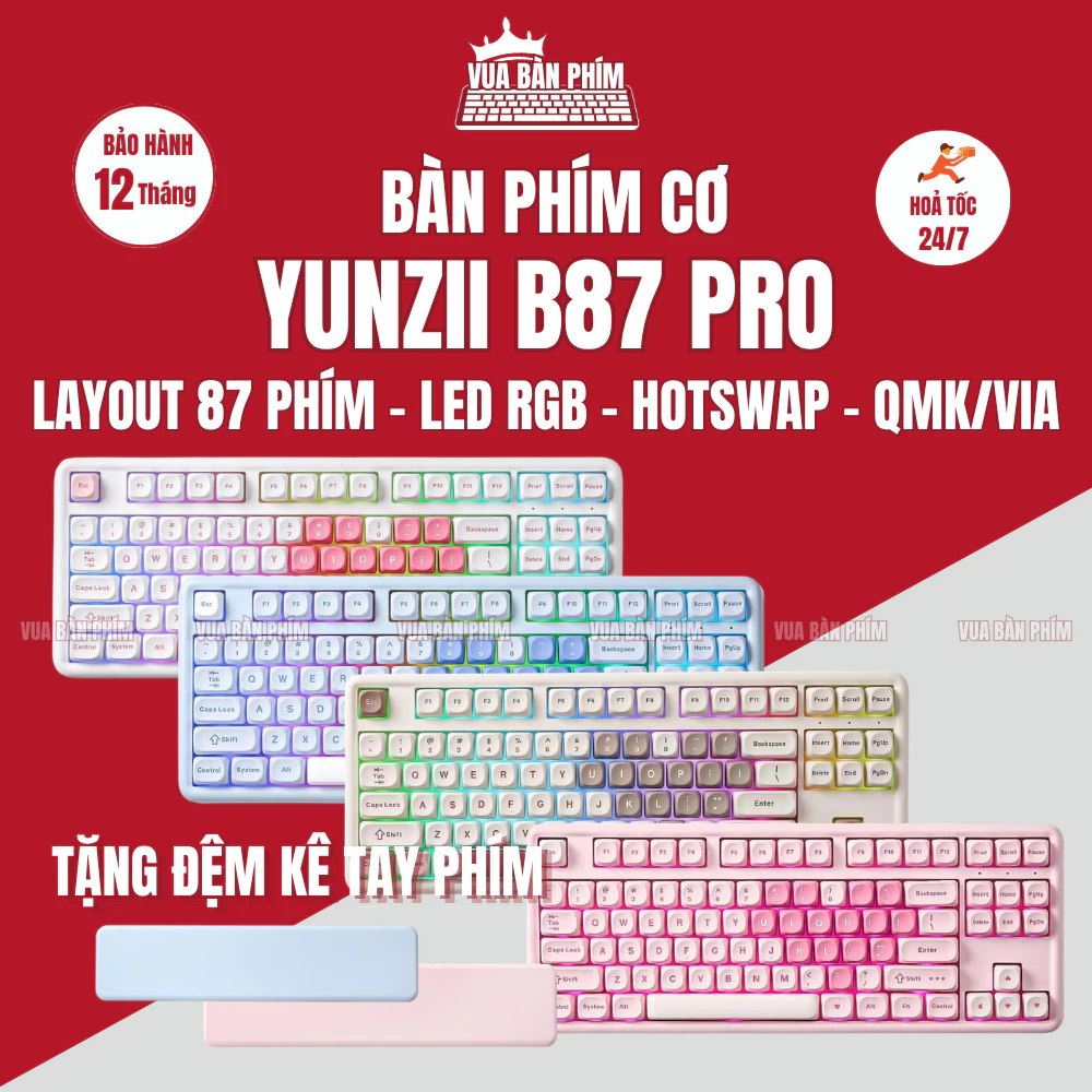 Bàn phím cơ Yunzii b87 pro không dây , layout 87 phím , led rgb , hotswap , kết nối VIA/ qmk ,keycap pbt double shot