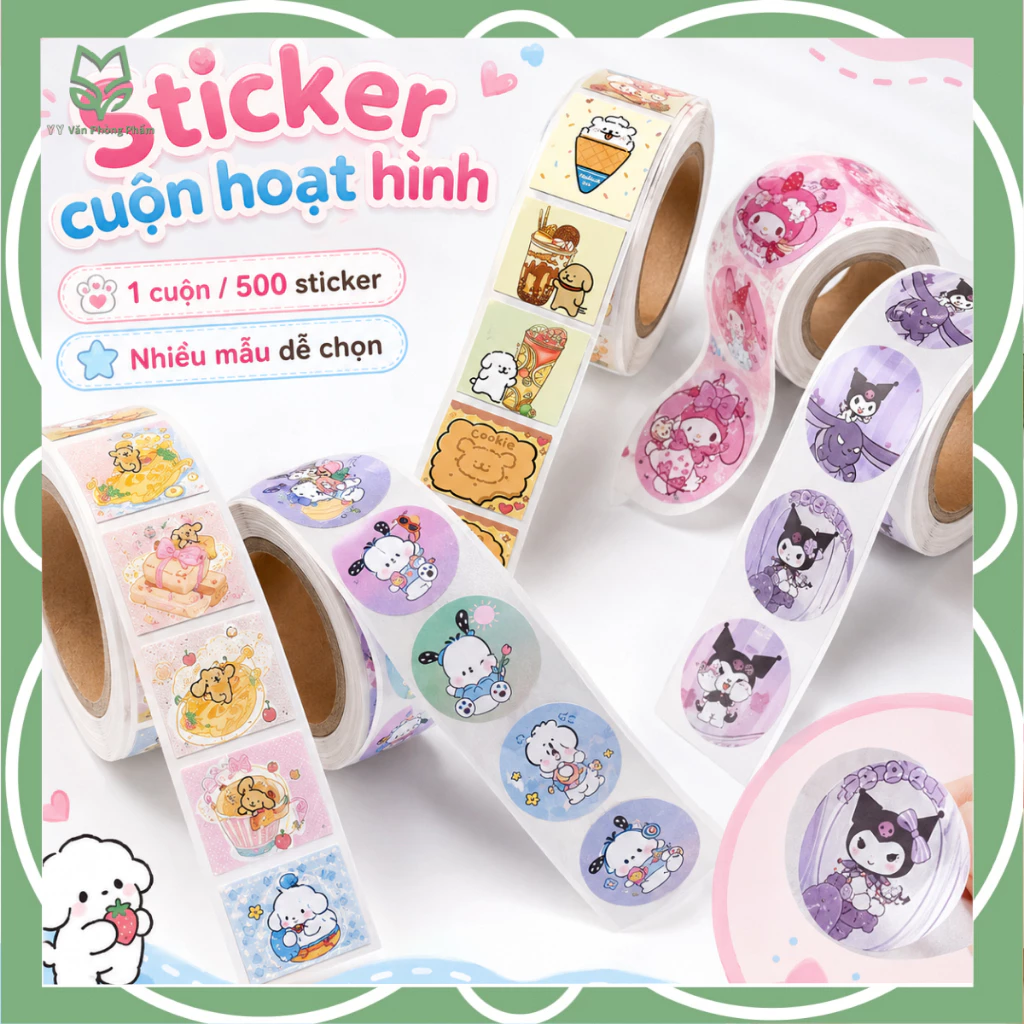 Cuộn Sticker Cute 500 Miếng Hình Hoạt Hình Pastel Trang Trí Planner Sổ Tay Scrapbook