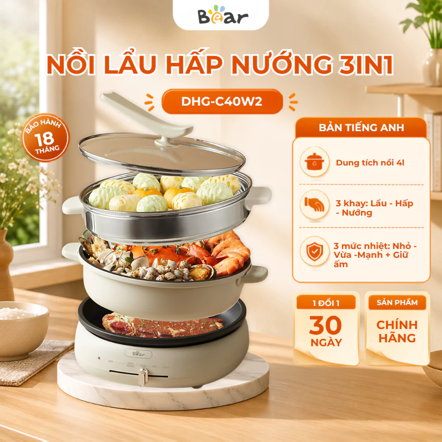 Nồi lẩu nướng đa năng Bear DHG-C40W2, 4L, Kèm Lồng Hấp - Vỉ Nướng, Chống Dính, Tháo Rời, BH 18 Tháng