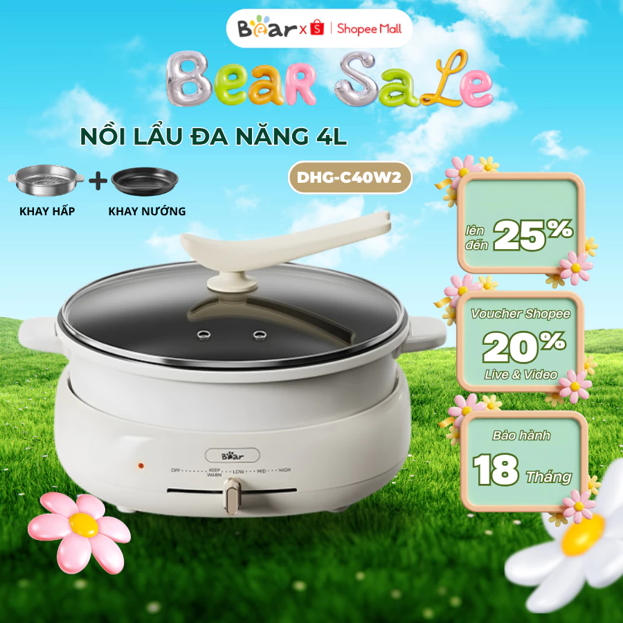 Nồi lẩu nướng điện đa năng 4L Bear DHG- C40W2, Công suất 1500W, Kèm Lồng Hấp, Tháo rời, BH 18 tháng
