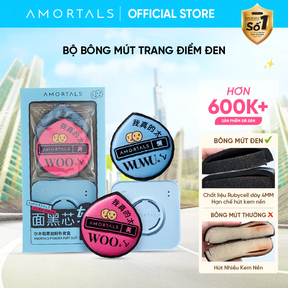 [BD] Bông Mút Trang Điểm AMORTALS Đen Cao Cấp - Đàn Hồi, Mềm Mại, Size XL, Kèm Hộp Đựng