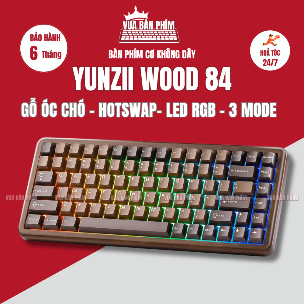 Bàn phím cơ Yunzii Wood 84 3 mode , gỗ óc chó nguyên khối , kết nối via , mạch xuôi, ,hotswap, led rgb
