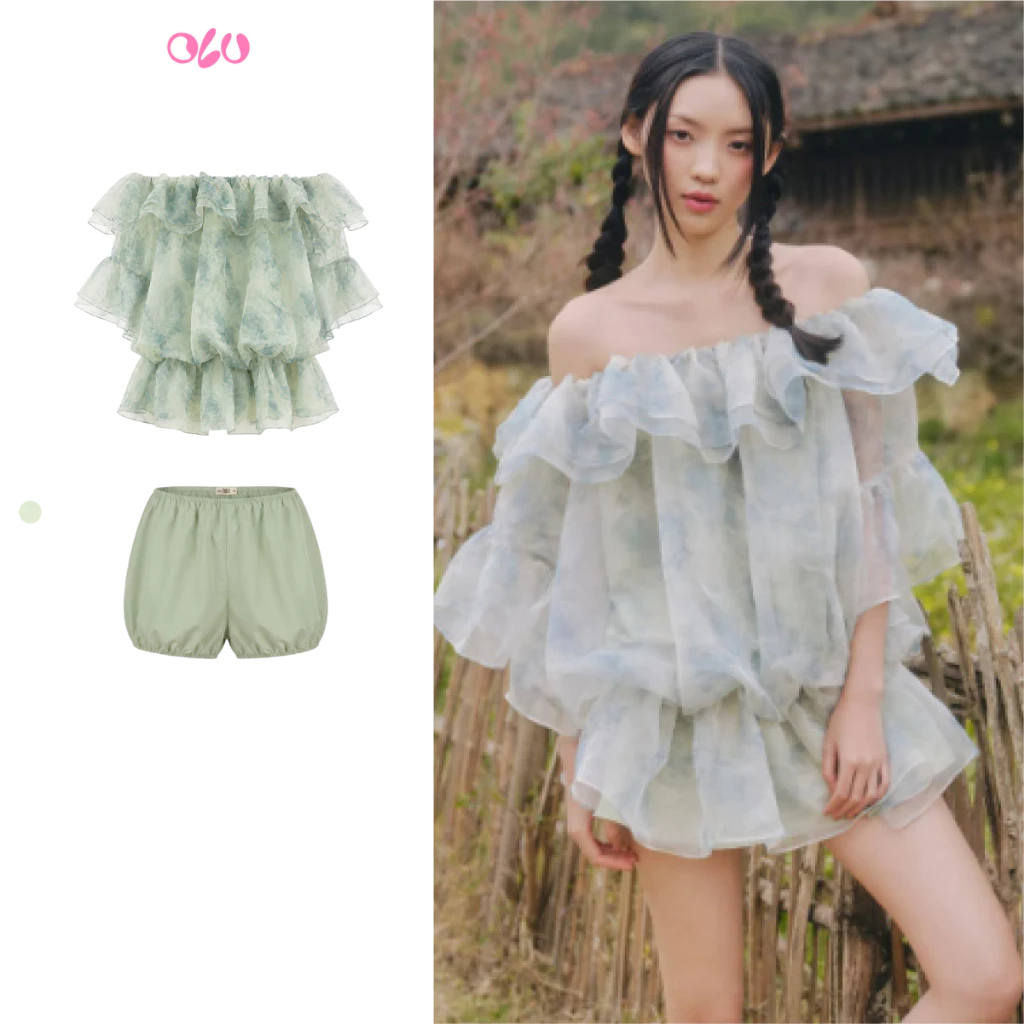 Đầm babydoll OLV tơ mỏng bồng bềnh Sage Green Fleur Off Shoulder Ruffle Mini Dress nữ tính