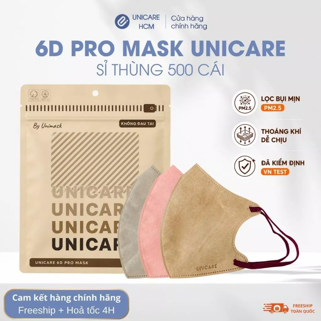 Sỉ Thùng 500 Cái Khẩu Trang 6D PRO UniMask 3 Lớp Chính Hãng Cao Cấp, 6 Màu Thời Trang, Quai Chun Co Giãn