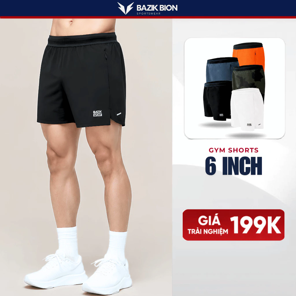 Quần Short Thể Thao Nam BAZIK 6 INCH Cạp Chun Thoáng Khí, Thoải mái Chạy bộ, Tập Gym - Q03