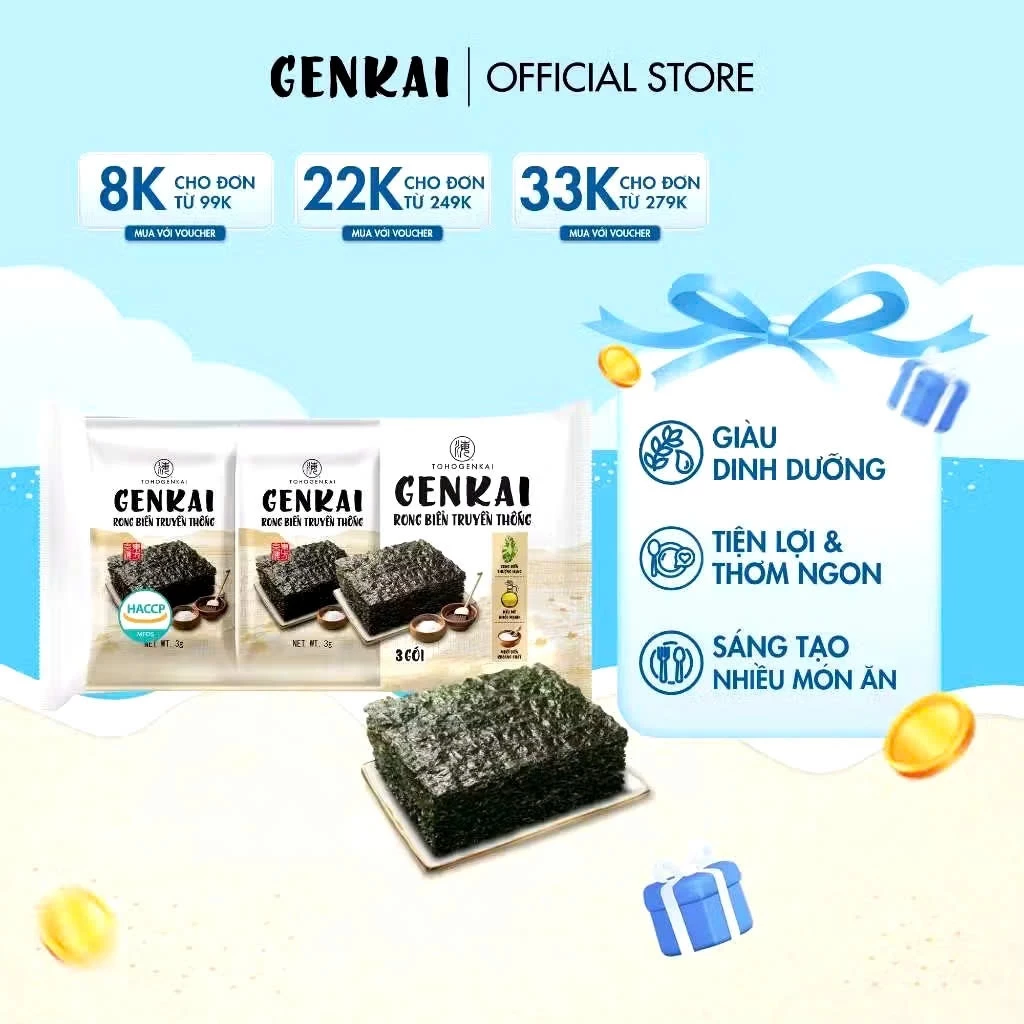 Gói Rong Biển Ăn Liền GENKAI Truyền Thống, Lá Xanh 4g