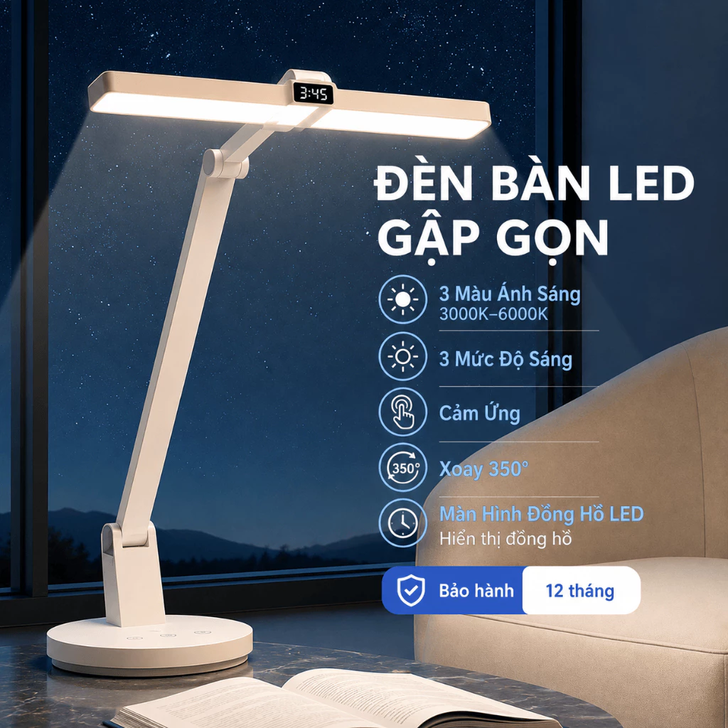 Đèn Học LED Chống Nhấp Nháy, Giảm Ánh Sáng Xanh, Mặt Phát Sáng 20CM, Xoay 350°, Điều Chỉnh Ánh Sáng