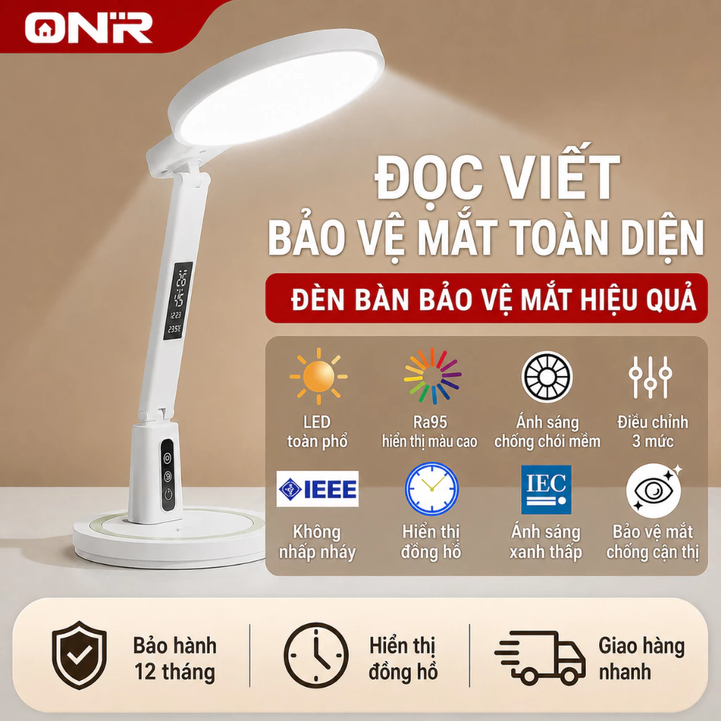 Đèn Bàn Học Sinh LED Gập Gọn, Điều Chỉnh Nhiều Góc, Cảm Ứng, Hiển Thị Thời Gian, Giá Đỡ Điện Thoại