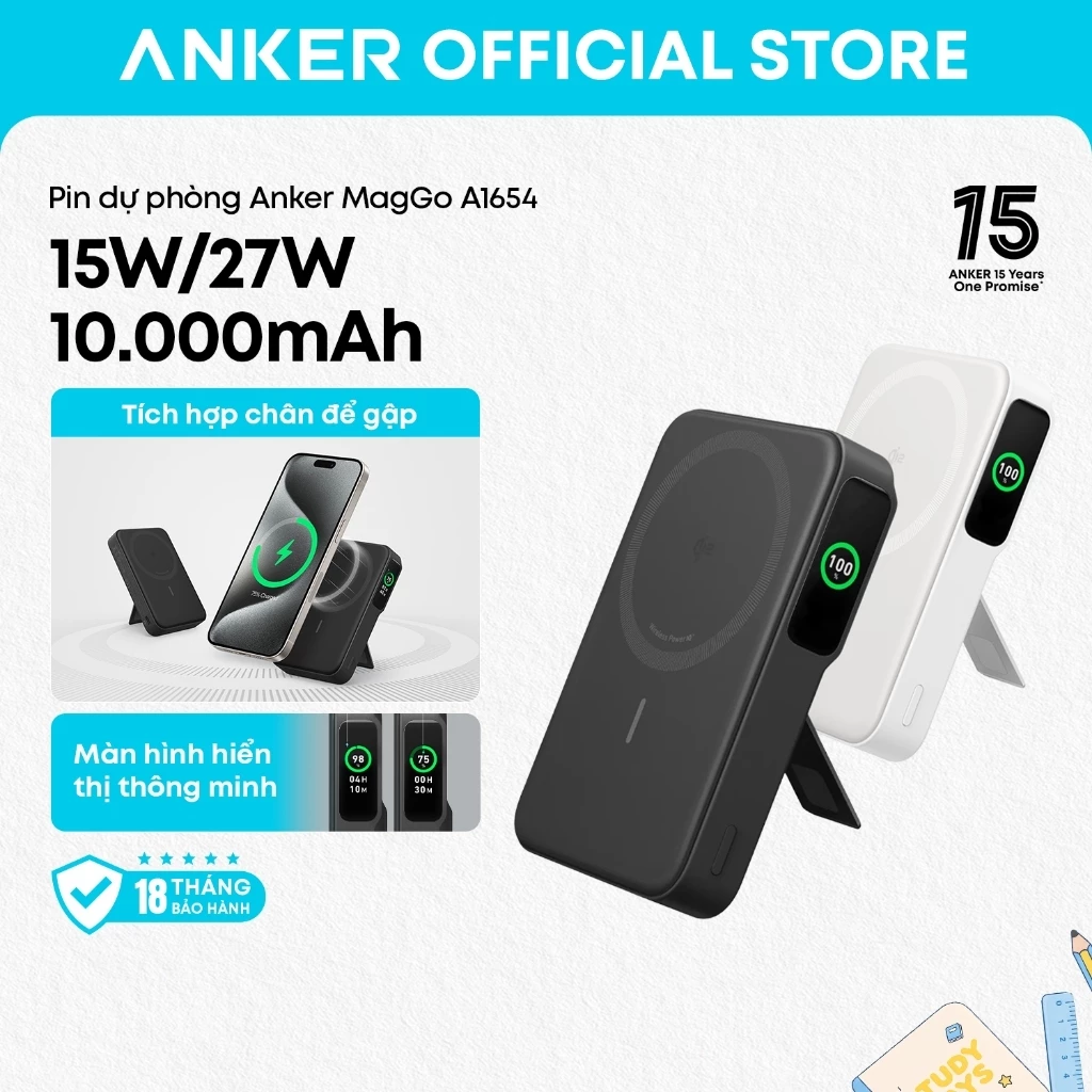 Sạc dự phòng không dây Anker MagGo A1654 10000mAh chuẩn Qi2, sạc nhanh 15W, tích hợp màn hình thông minh
