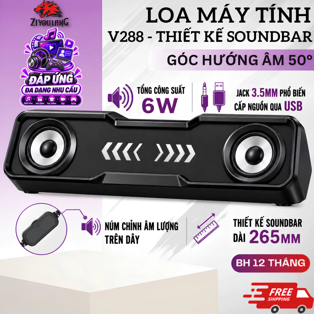 Loa Máy Tính SADA V288 - Loa Kép 2.0 Công Suất 6W, Góc Hướng Âm 50°, Jack 3.5mm, USB Cấp Nguồn