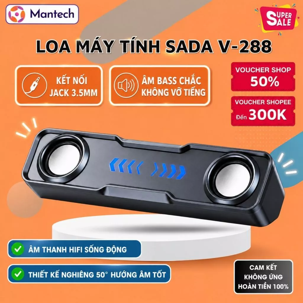 Loa Vi Tính SADA V-288 2.0 Công Suất 6W, Jack 3.5mm, Nguồn USB, Âm Thanh Stereo, Góc 50°
