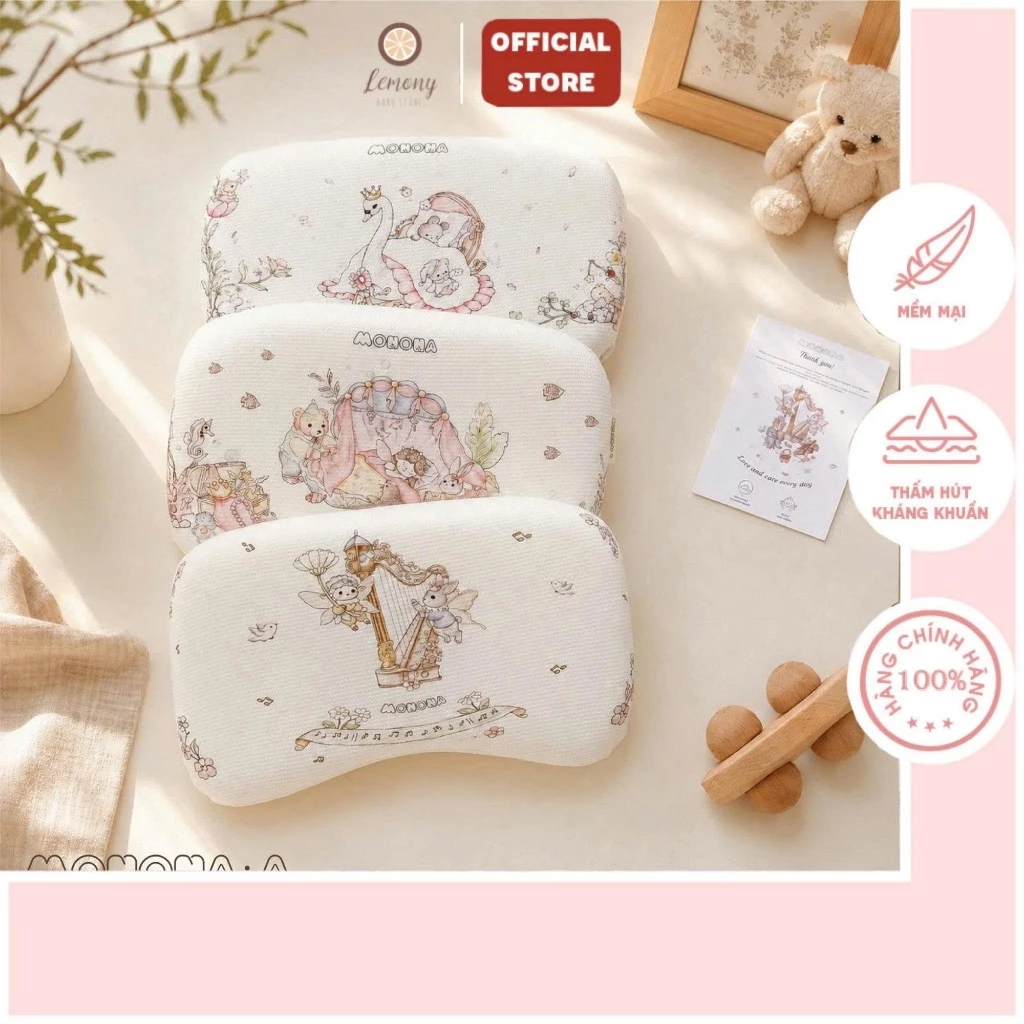 Gối cao su non cotton waffle Monona cao cấp cho bé với họa tiết cổ tích xinh xắn, mềm mại, giúp bé ngủ ngon