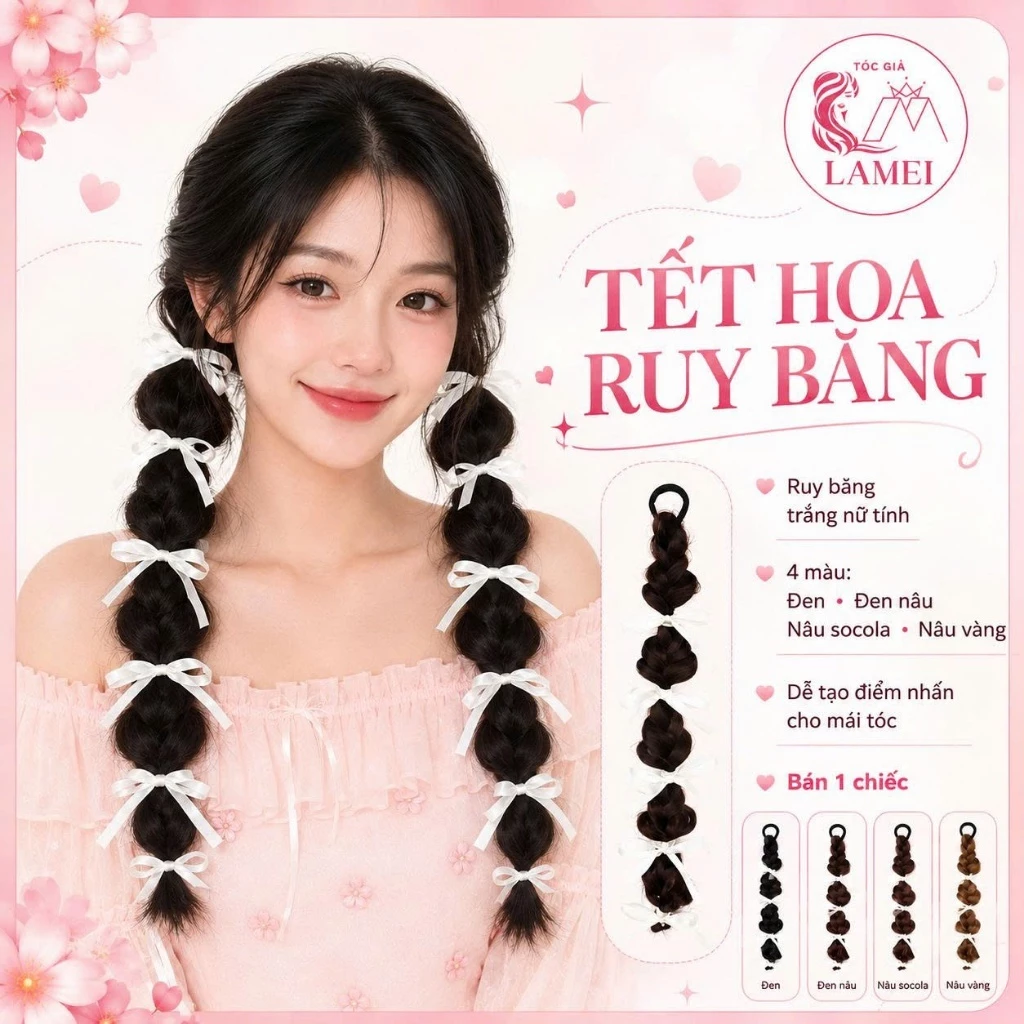 Tóc Giả Tết Hoa Thắt Ruy Băng Trắng Phong Cách Hàn Quốc giá 1 chiếc Lamei
