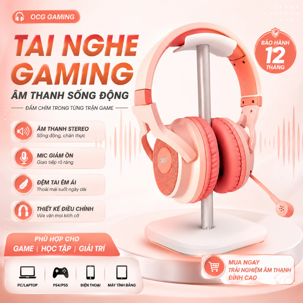 Tai Nghe Gaming OCG Không Dây 2.4G Có Mic 50mm, Pin 1200mAh 25H+, Âm Thanh Stereo, Tai Nghe Chơi Game PC Laptop PS4 PS5